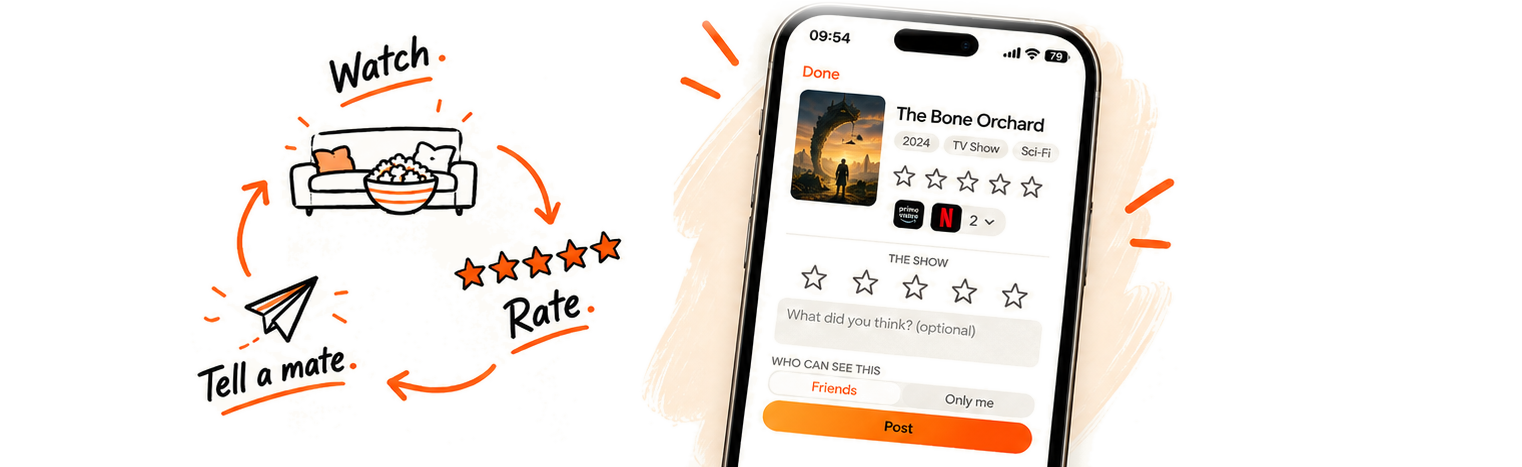Watch, rate, tell a mate, shown beside the rating screen in the wotchd app